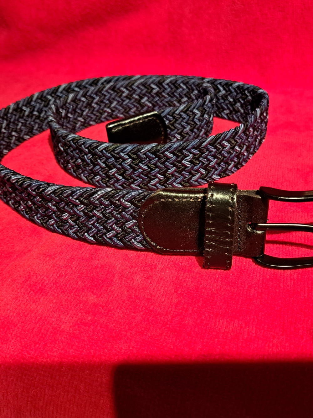 Men's Navy Woven Elastic Belt with Black Leather Trim